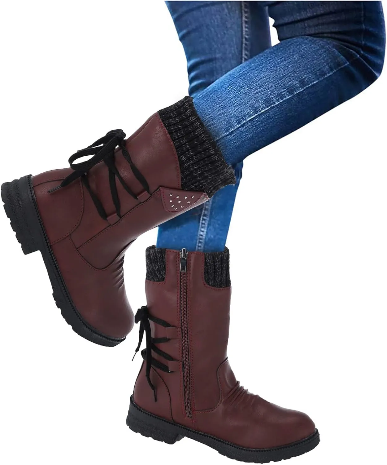 AMDBEL Cowboy Boots for Women, Cowgirl Boots Women Fringe Cowboy Boots Square Toe Mid Calf Chunky Heel Tassel Western Boots