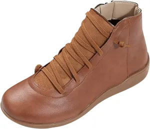 AMDBEL Cowboy Boots for Women Short, Arch Support Low Heel Fashion Lace Up Zipper Booties Slip On Leather Short Booties, Ankle Boots For Women Comfy Flat, Winter Boots for Women 2023