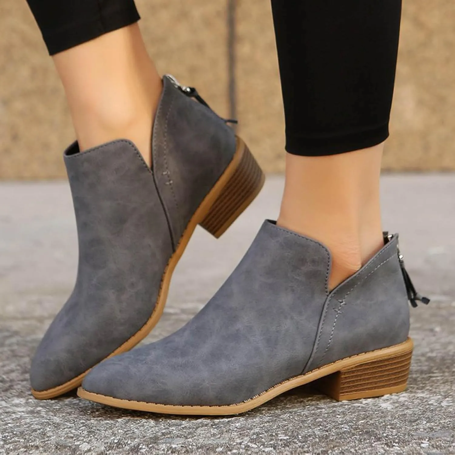 Ankle Boots for Women Low Heel Chunky Heel Boots Women's Fashion Color Matching Fall Winter Side Zipper Short Boots