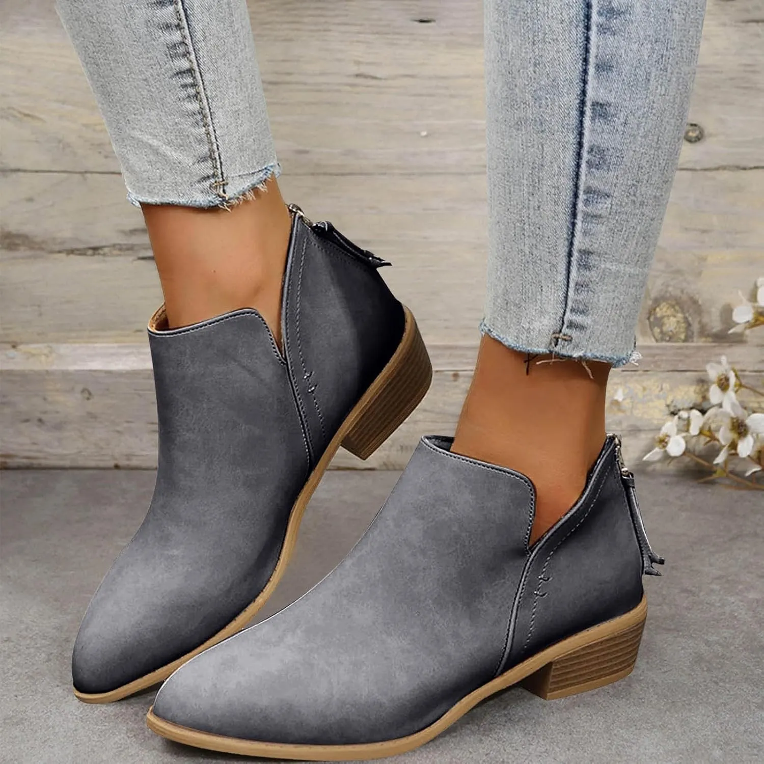 Ankle Boots for Women Low Heel Chunky Heel Boots Women's Fashion Color Matching Fall Winter Side Zipper Short Boots