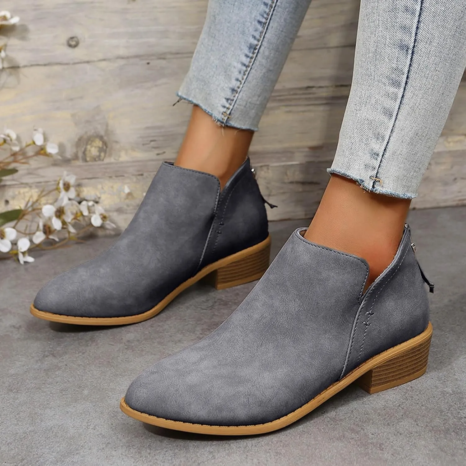 Ankle Boots for Women Low Heel Chunky Heel Boots Women's Fashion Color Matching Fall Winter Side Zipper Short Boots