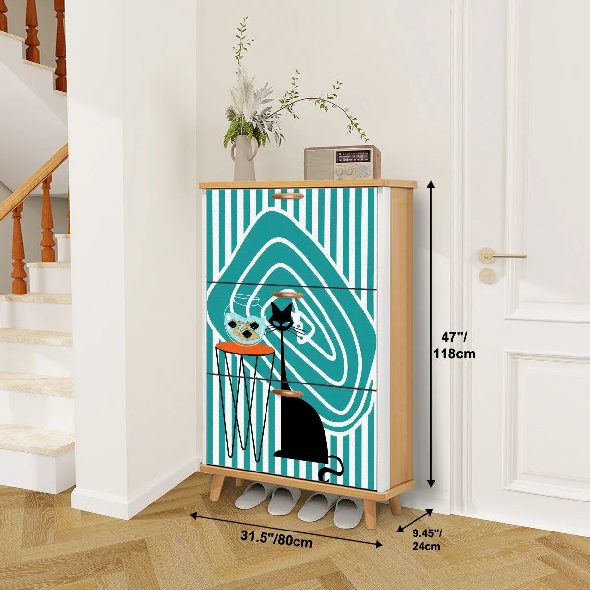 Atomic Kitschy Black Cat, Striped Mod Retro Shoe Cabinet