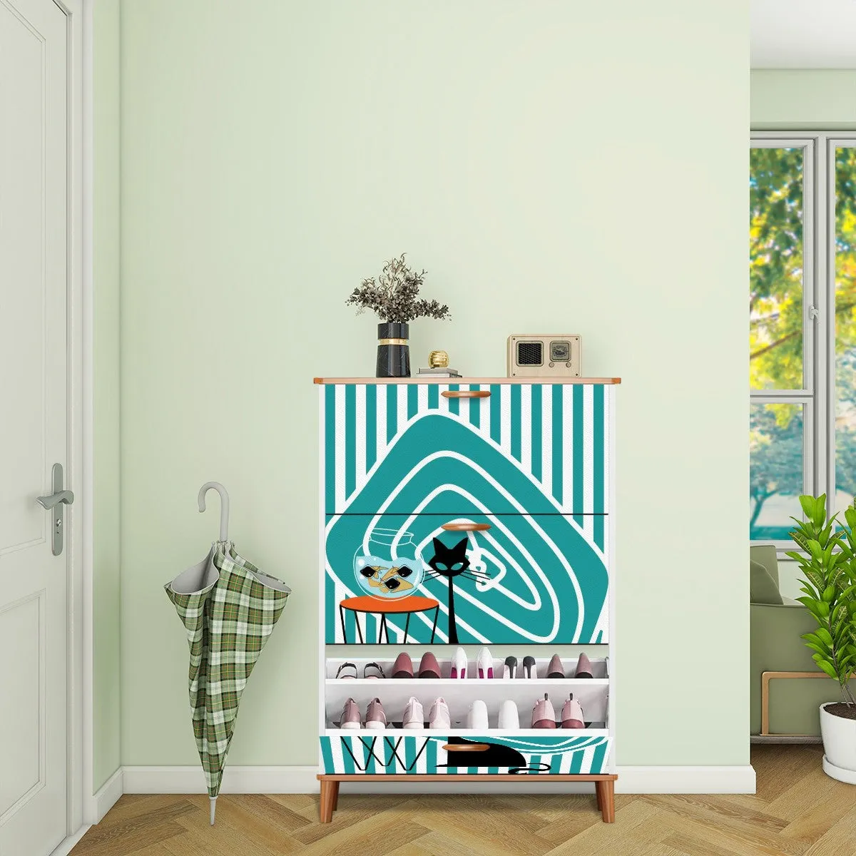 Atomic Kitschy Black Cat, Striped Mod Retro Shoe Cabinet