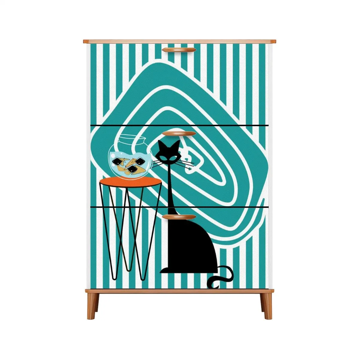Atomic Kitschy Black Cat, Striped Mod Retro Shoe Cabinet