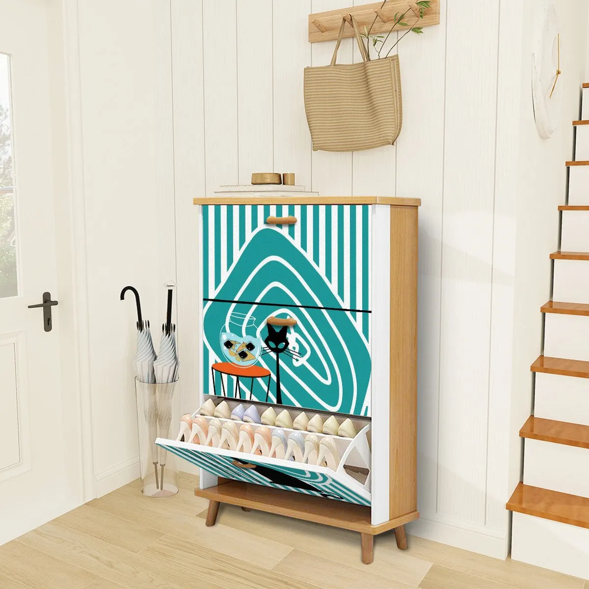 Atomic Kitschy Black Cat, Striped Mod Retro Shoe Cabinet