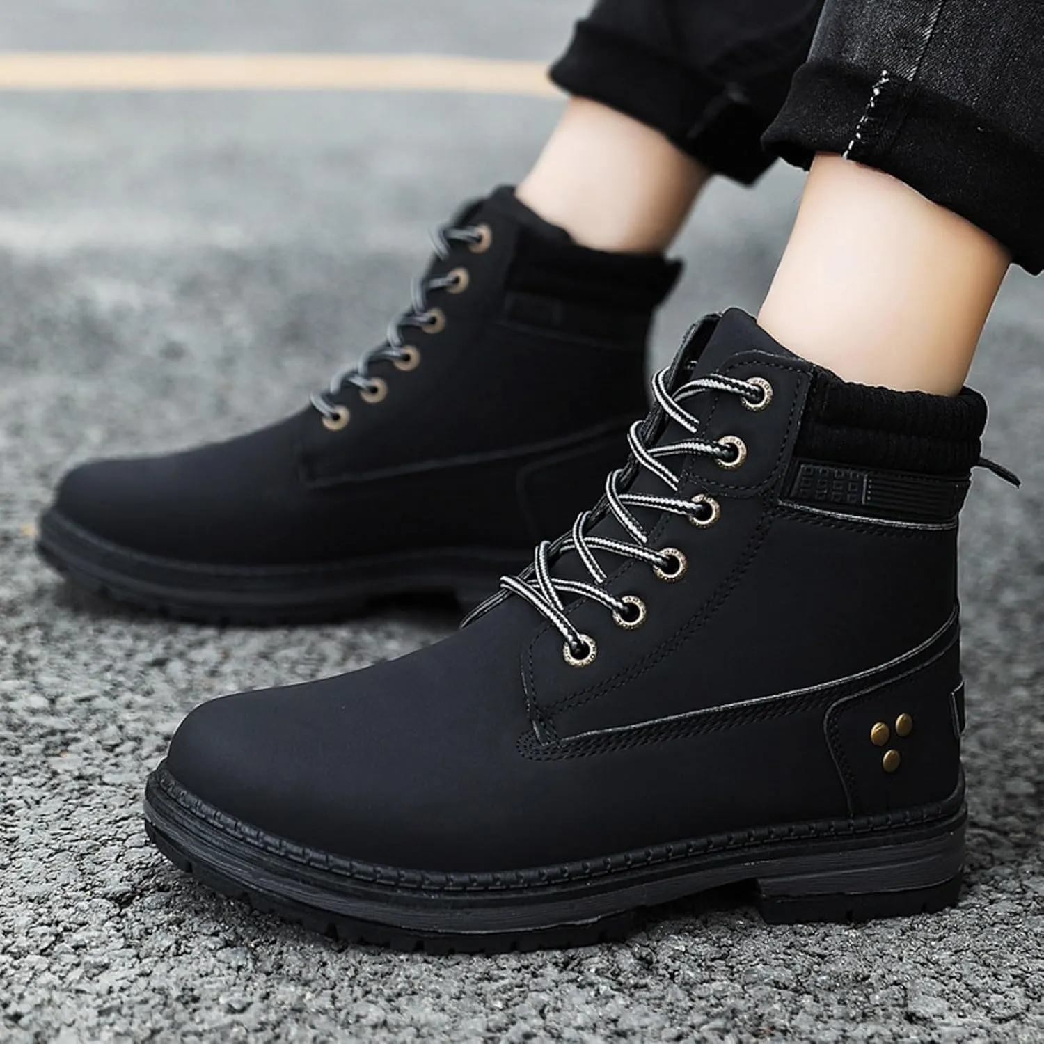 Cathalem Combat Boots for Women, Women's Work Waterproof Hiking Combat Boots Lace up Low Heel Booties Ankle Boots