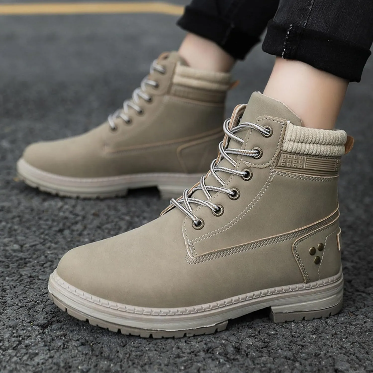 Cathalem Combat Boots for Women, Women's Work Waterproof Hiking Combat Boots Lace up Low Heel Booties Ankle Boots