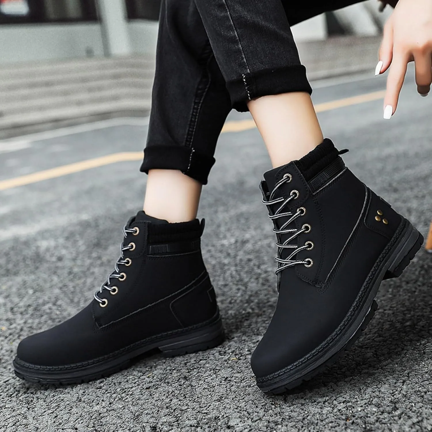 Cathalem Combat Boots for Women, Women's Work Waterproof Hiking Combat Boots Lace up Low Heel Booties Ankle Boots