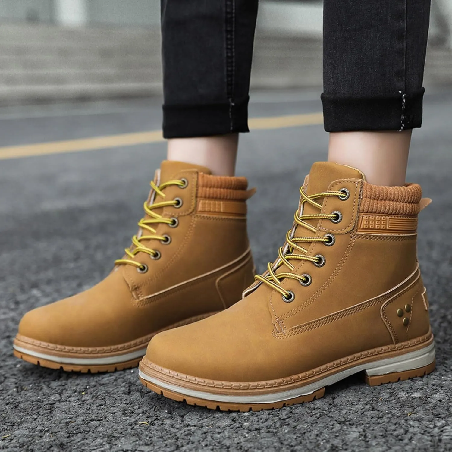 Cathalem Combat Boots for Women, Women's Work Waterproof Hiking Combat Boots Lace up Low Heel Booties Ankle Boots