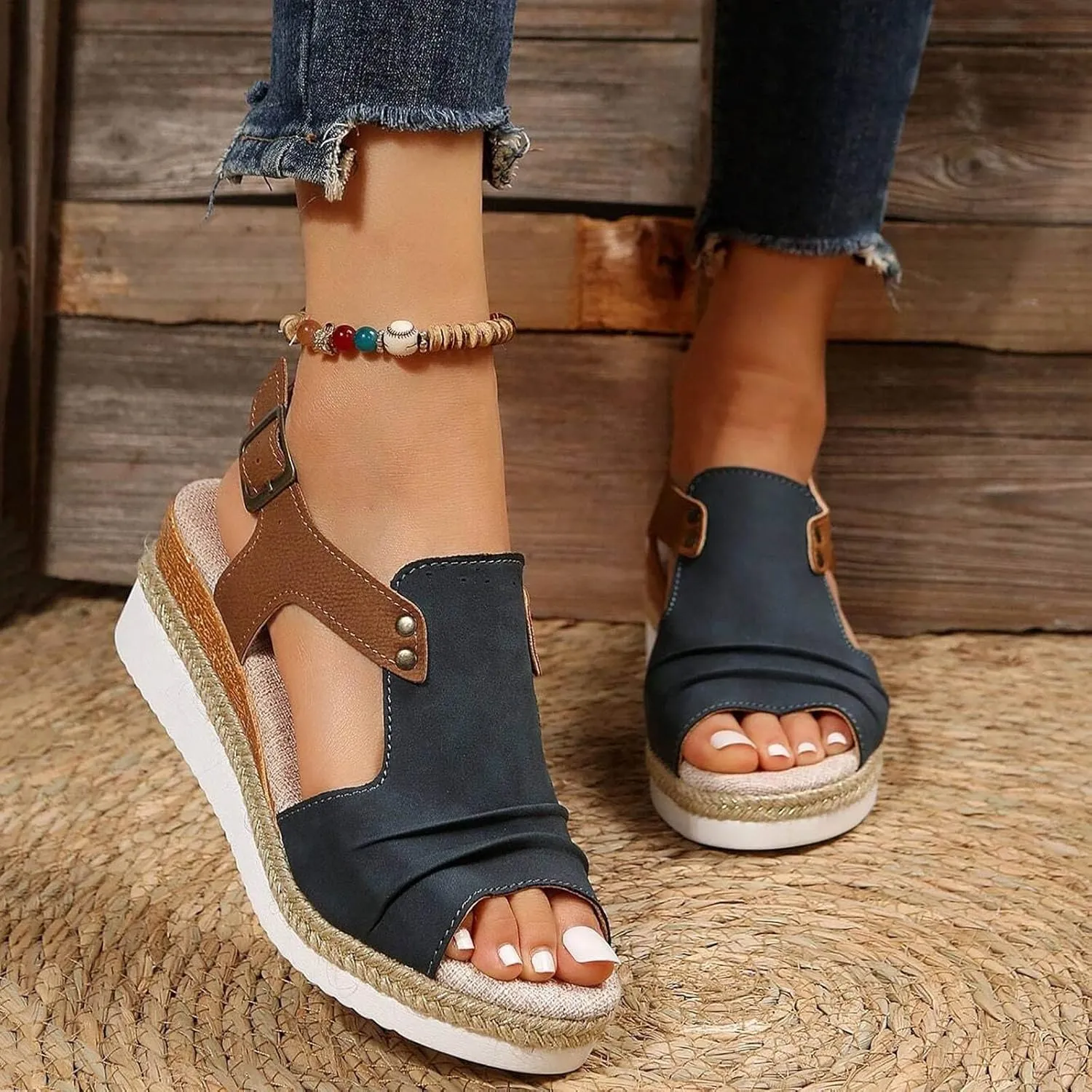 Cathalem Flat Sandals for Women, Orthopedic Platform Wedge Sandals for Women Open Toe Ankle Strap Espadrilles Sandals
