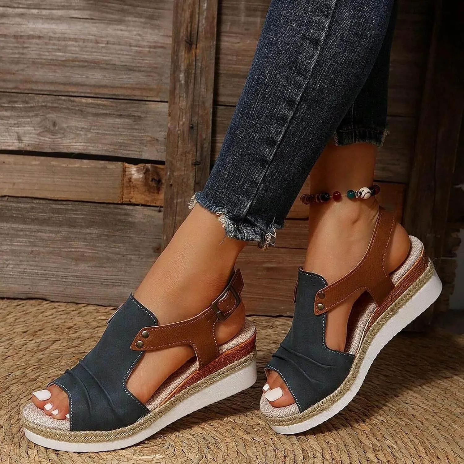 Cathalem Flat Sandals for Women, Orthopedic Platform Wedge Sandals for Women Open Toe Ankle Strap Espadrilles Sandals