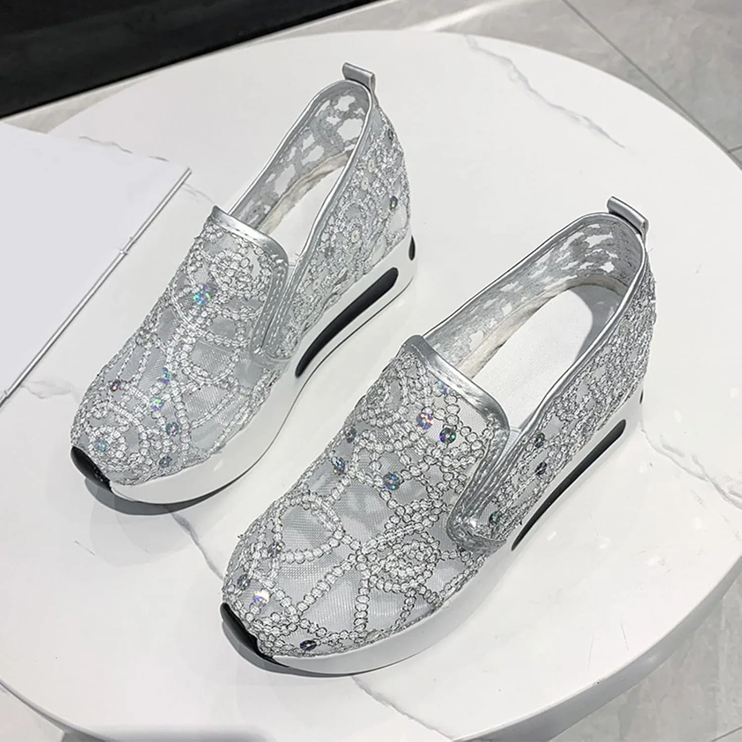 Cathalem Mesh Sneakers for Women Wedge Floral Shoes Slip On Breathable Walking Shoes Women Comfort Embroidery Platform Sneakers