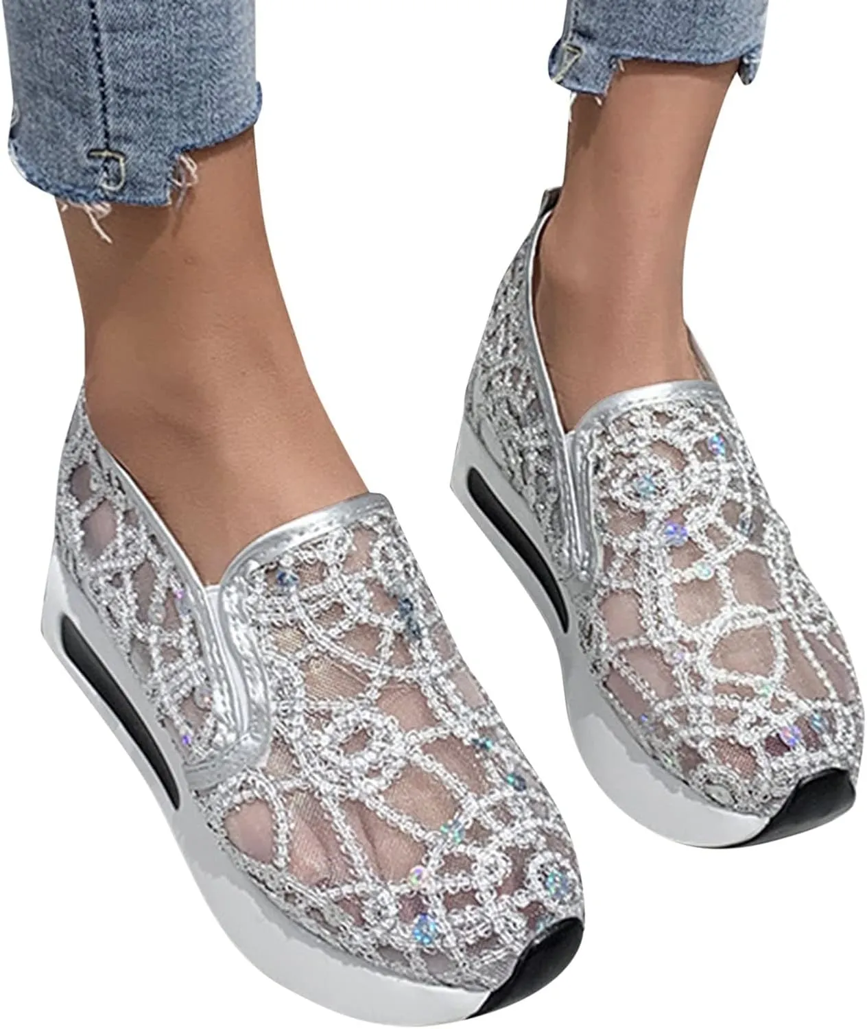 Cathalem Mesh Sneakers for Women Wedge Floral Shoes Slip On Breathable Walking Shoes Women Comfort Embroidery Platform Sneakers