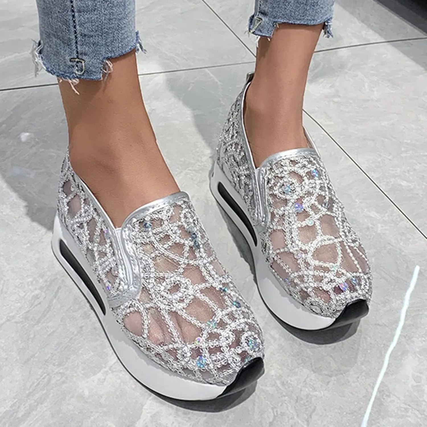 Cathalem Mesh Sneakers for Women Wedge Floral Shoes Slip On Breathable Walking Shoes Women Comfort Embroidery Platform Sneakers