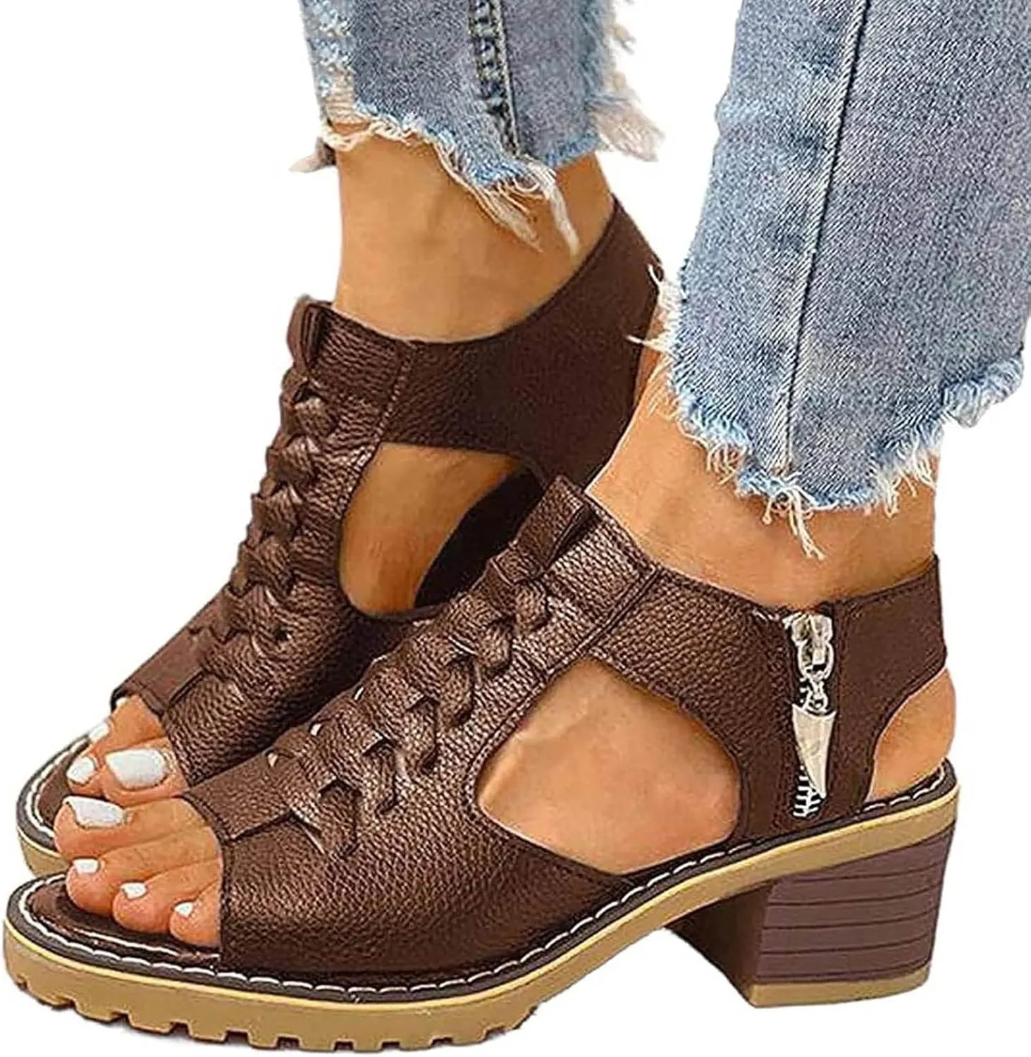 Cathalem Orthopedic Sandals for Women, Womens Slip on Wedge Sandals Leather Peep Toe Cutout Zipper Chunky Heeled Sandals