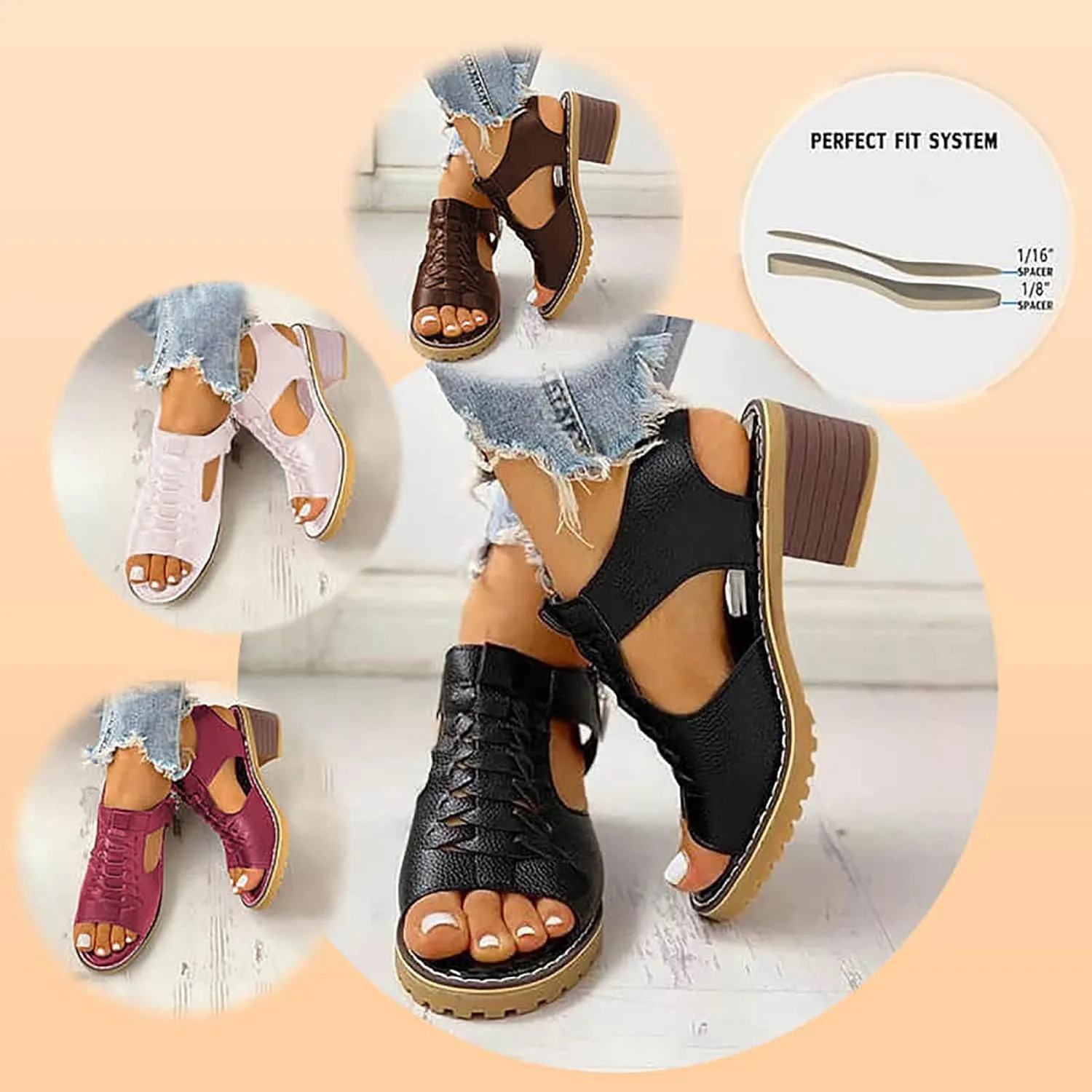 Cathalem Orthopedic Sandals for Women, Womens Slip on Wedge Sandals Leather Peep Toe Cutout Zipper Chunky Heeled Sandals
