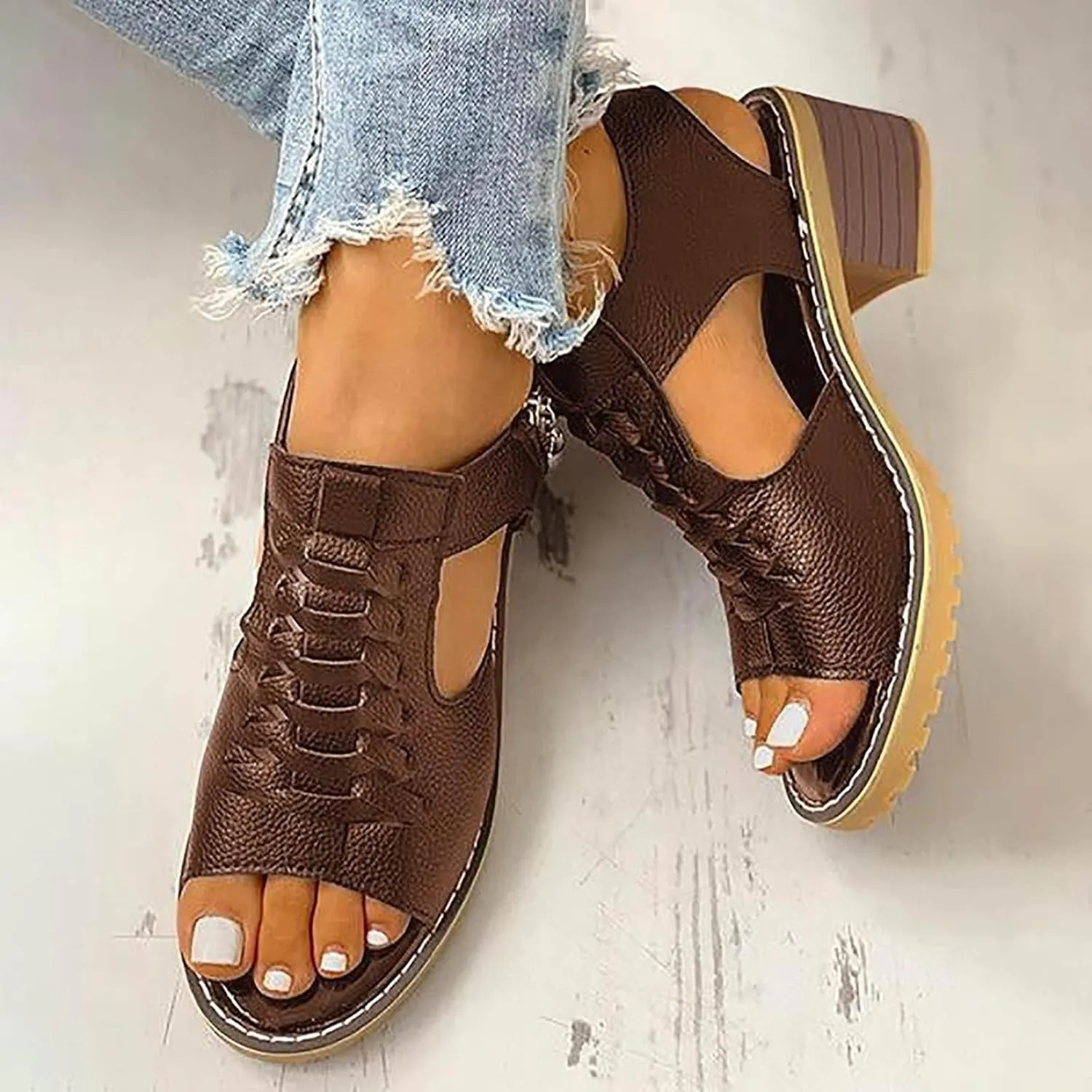 Cathalem Orthopedic Sandals for Women, Womens Slip on Wedge Sandals Leather Peep Toe Cutout Zipper Chunky Heeled Sandals