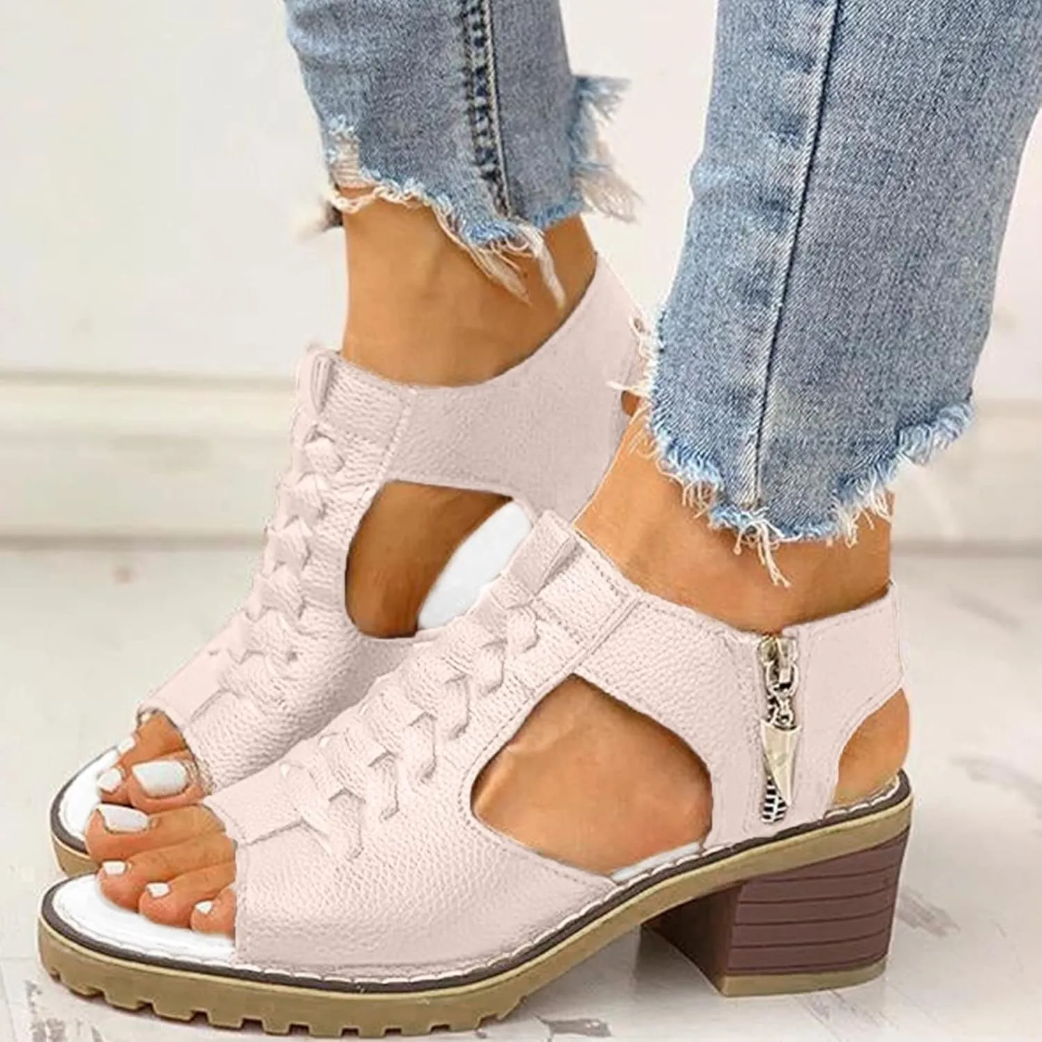 Cathalem Orthopedic Sandals for Women, Womens Slip on Wedge Sandals Leather Peep Toe Cutout Zipper Chunky Heeled Sandals