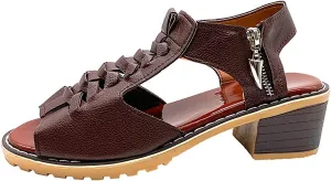 Cathalem Orthopedic Sandals for Women, Womens Slip on Wedge Sandals Leather Peep Toe Cutout Zipper Chunky Heeled Sandals
