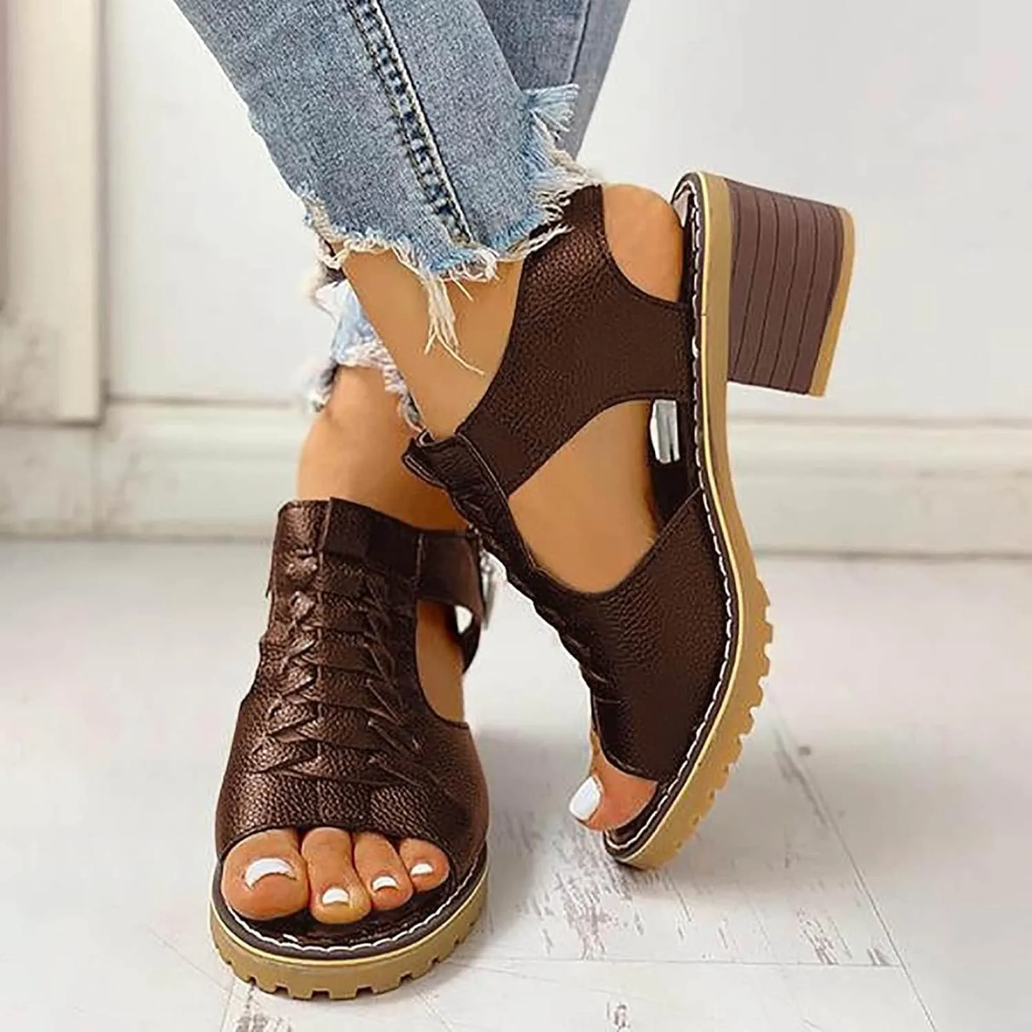 Cathalem Orthopedic Sandals for Women, Womens Slip on Wedge Sandals Leather Peep Toe Cutout Zipper Chunky Heeled Sandals