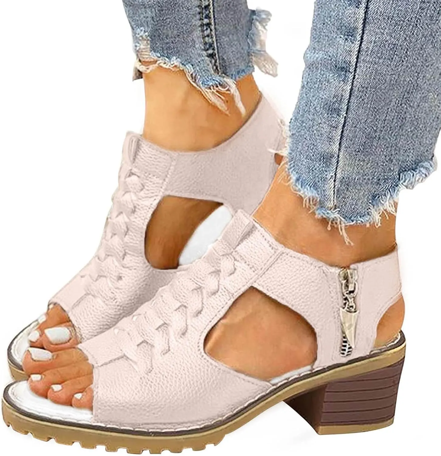 Cathalem Orthopedic Sandals for Women, Womens Slip on Wedge Sandals Leather Peep Toe Cutout Zipper Chunky Heeled Sandals