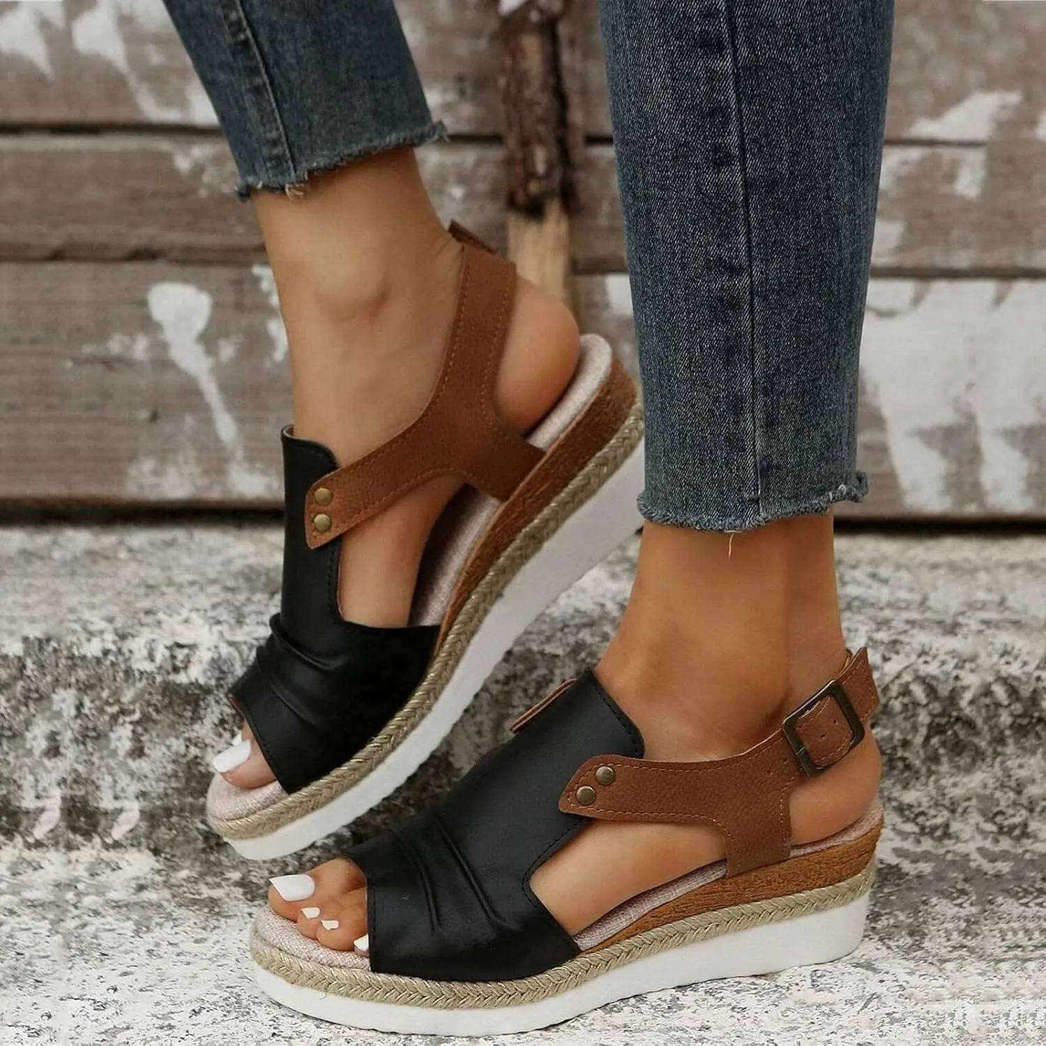 Cathalem Orthopedic Wedge Sandals for Women Summer Dressy Flat Open Toe Ankle Strap Platform Sandals Slip on Sandals Beach Comfortable Shoes