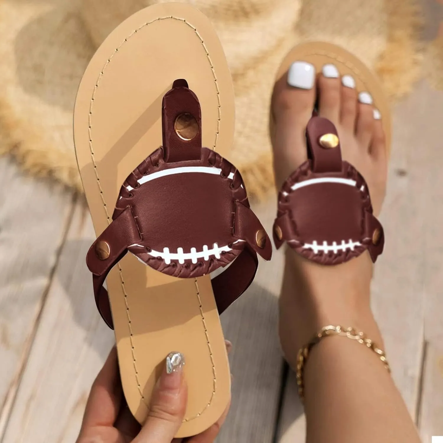 Cathalem Sandals for Women Summer Baseball Flip Flops for Women Beach Slippers with Arch Support Clip Toe Walking Thong