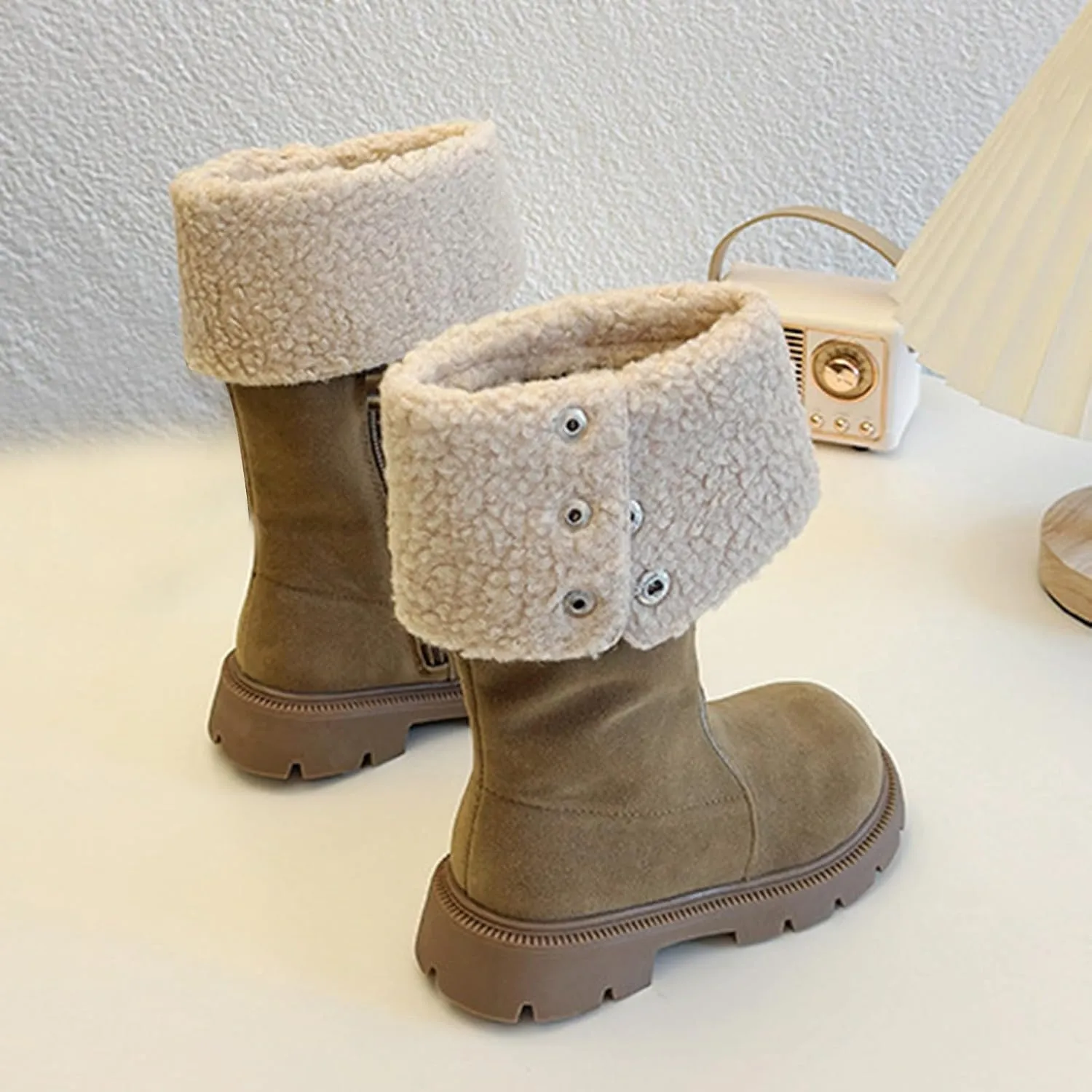 Chunky Heel Fleece Winter Boots for Girls Warm Comfortable Suede Snow Boots Fr Lined Mid Calf Boots Toddler Boot Girls