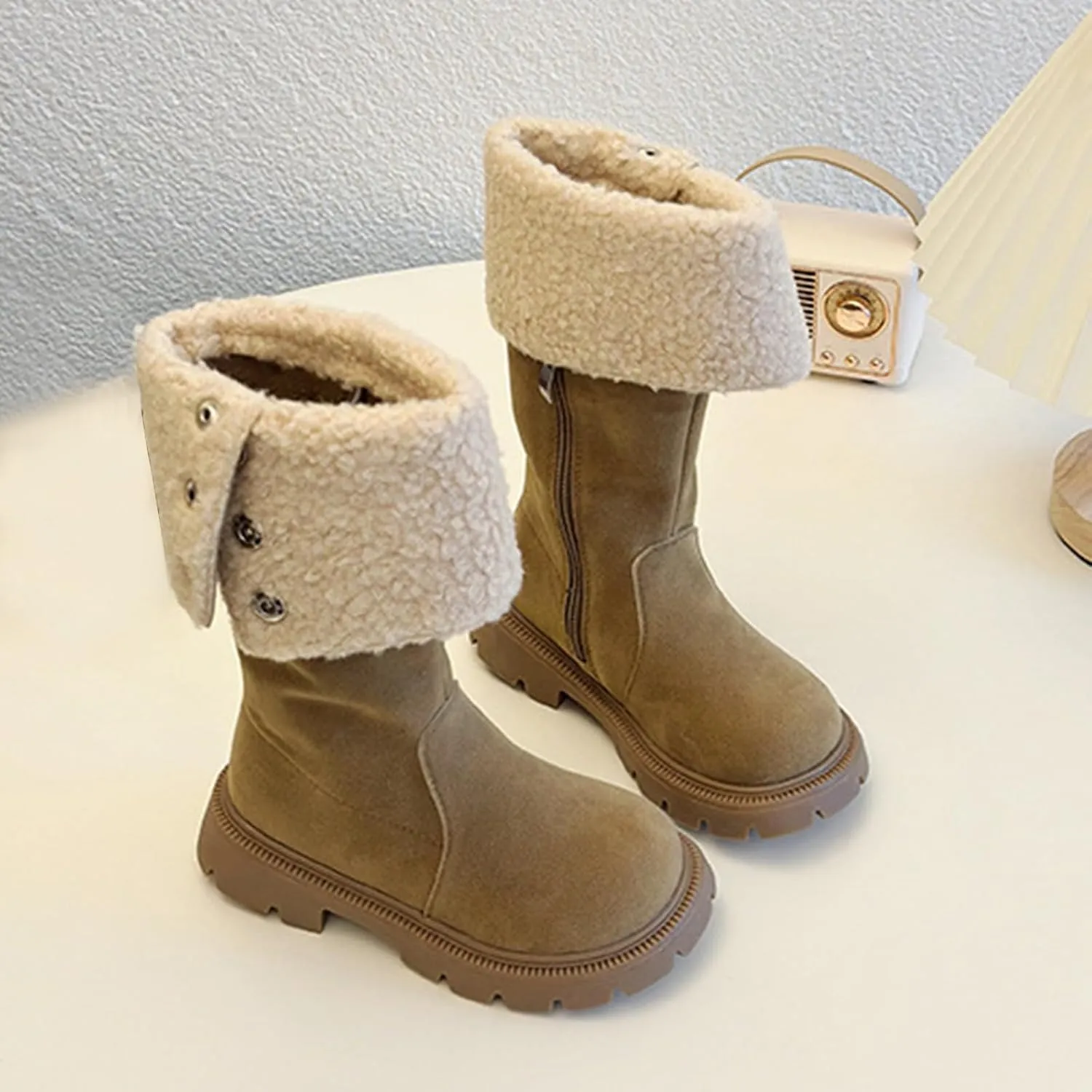 Chunky Heel Fleece Winter Boots for Girls Warm Comfortable Suede Snow Boots Fr Lined Mid Calf Boots Toddler Boot Girls