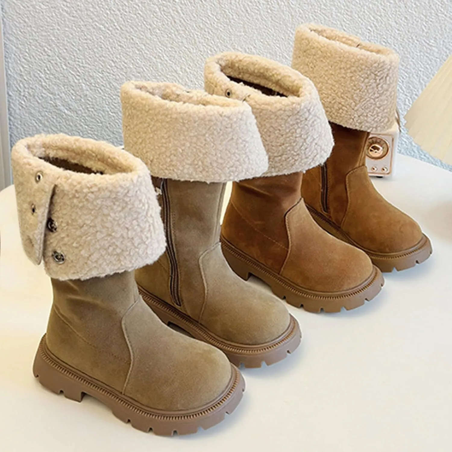 Chunky Heel Fleece Winter Boots for Girls Warm Comfortable Suede Snow Boots Fr Lined Mid Calf Boots Toddler Boot Girls