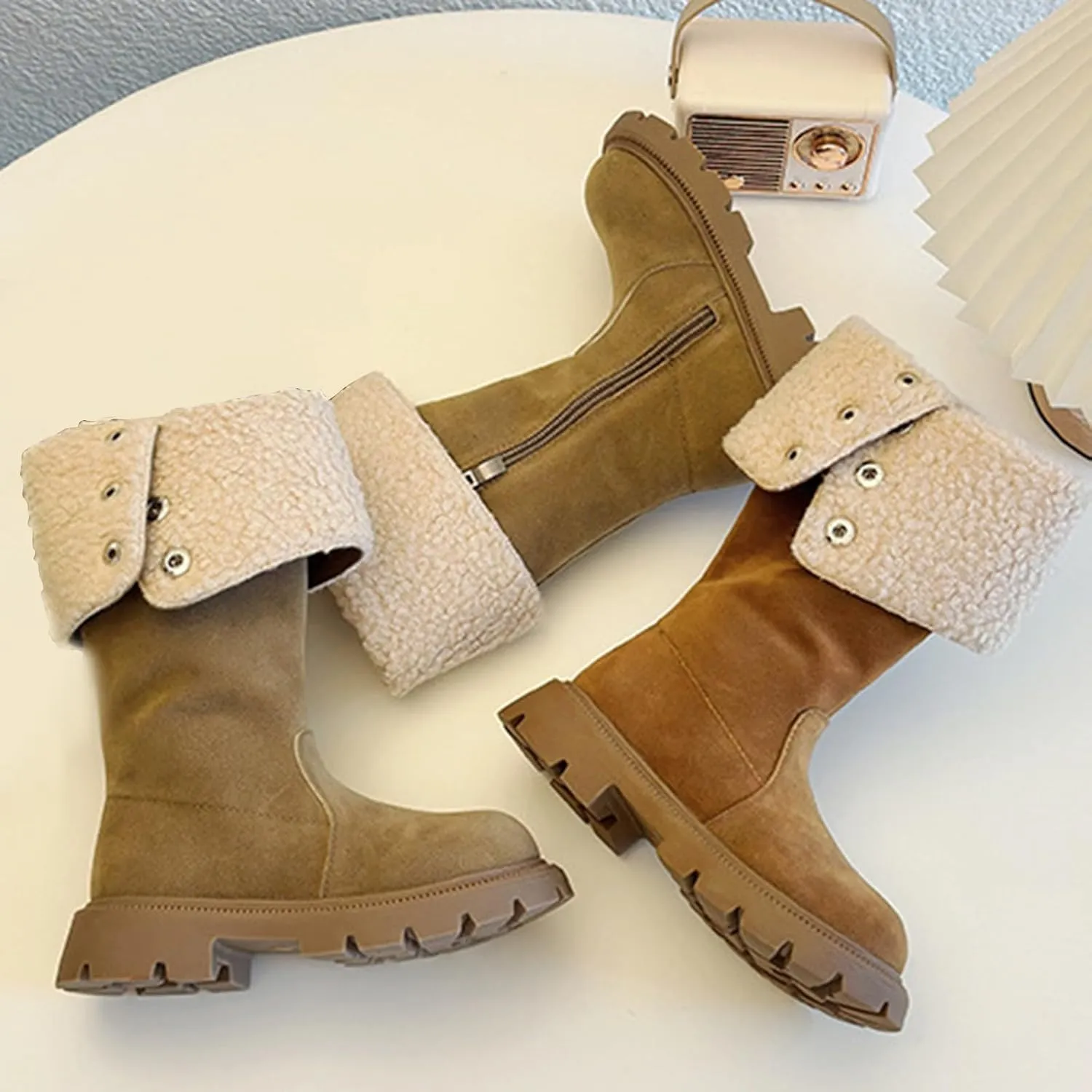 Chunky Heel Fleece Winter Boots for Girls Warm Comfortable Suede Snow Boots Fr Lined Mid Calf Boots Toddler Boot Girls