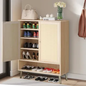 classic Dextrus Modern Shoe Cabinet with Rattan Door, 5 Tier Shoe Storage Cabinet with Adjustable Shelves, Free-Standing Wooden Shoe Rack Organizer Cabinet for Entryway Hallway Bedroom Living Room