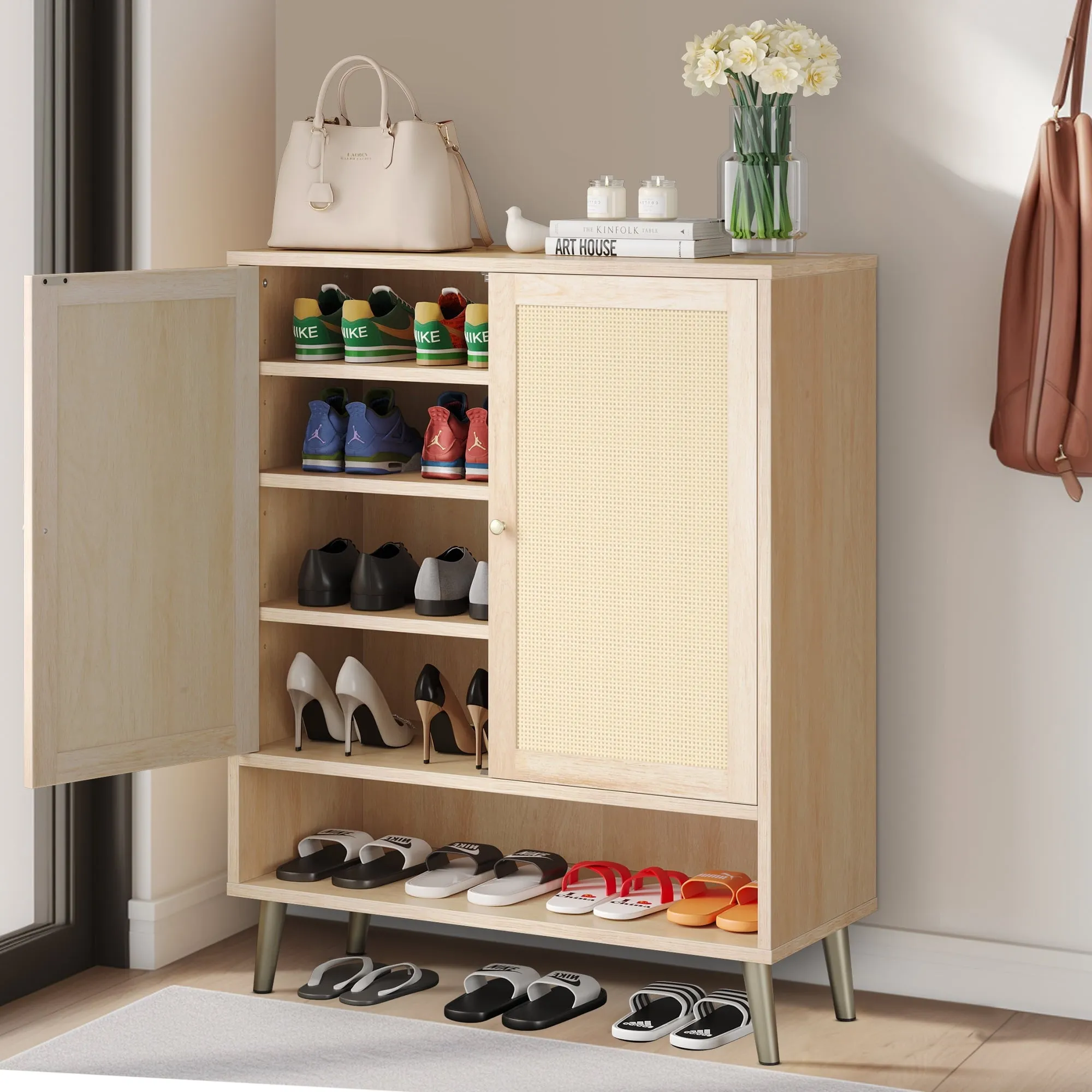 classic Dextrus Modern Shoe Cabinet with Rattan Door, 5 Tier Shoe Storage Cabinet with Adjustable Shelves, Free-Standing Wooden Shoe Rack Organizer Cabinet for Entryway Hallway Bedroom Living Room