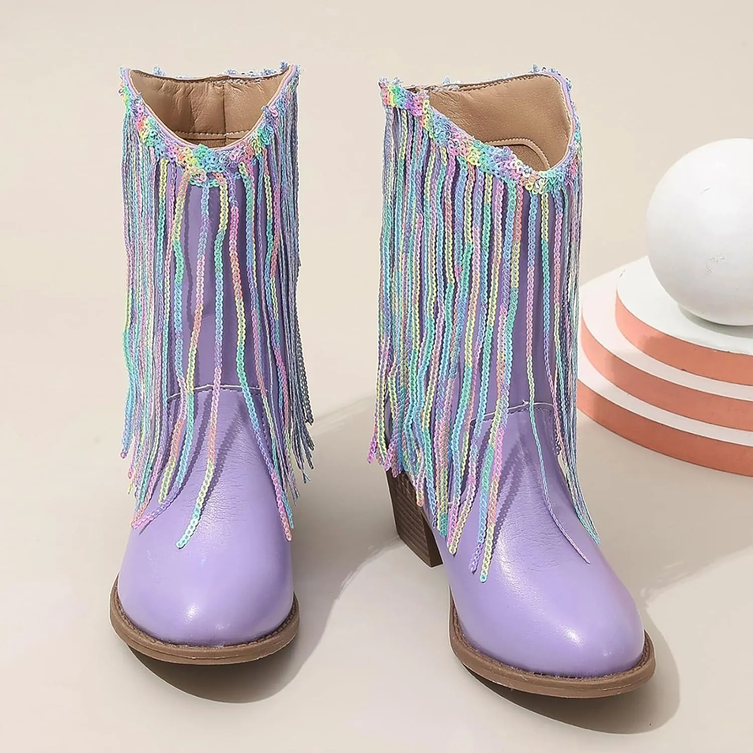 Cowgirl Boots for Girls Western Cowboy Boots Mid Calf Riding Shoes Glitter Fringe Mid Calf Boots with Block Low Heels