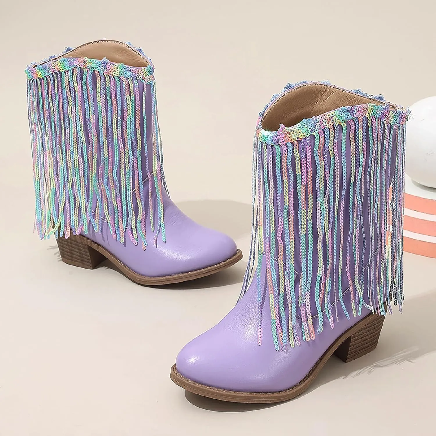 Cowgirl Boots for Girls Western Cowboy Boots Mid Calf Riding Shoes Glitter Fringe Mid Calf Boots with Block Low Heels