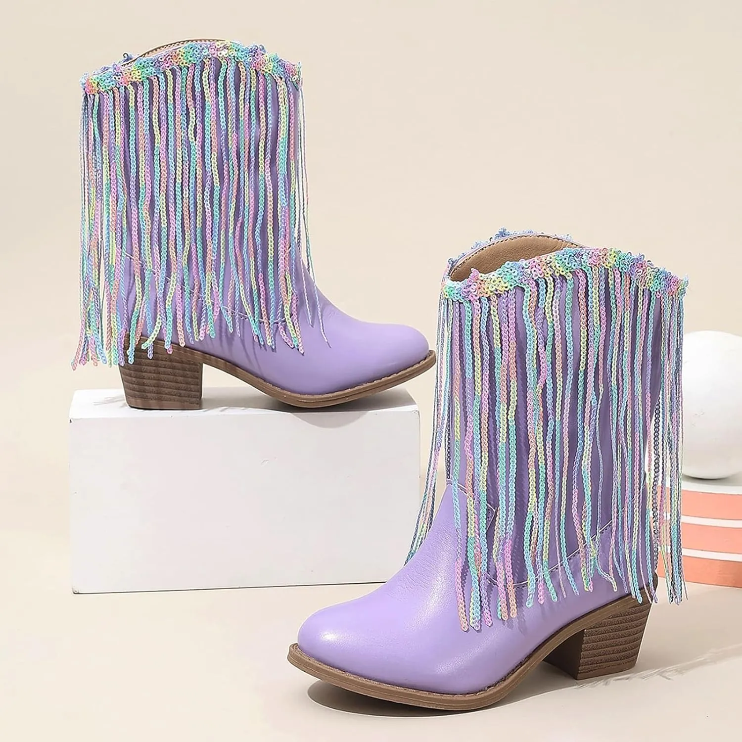 Cowgirl Boots for Girls Western Cowboy Boots Mid Calf Riding Shoes Glitter Fringe Mid Calf Boots with Block Low Heels