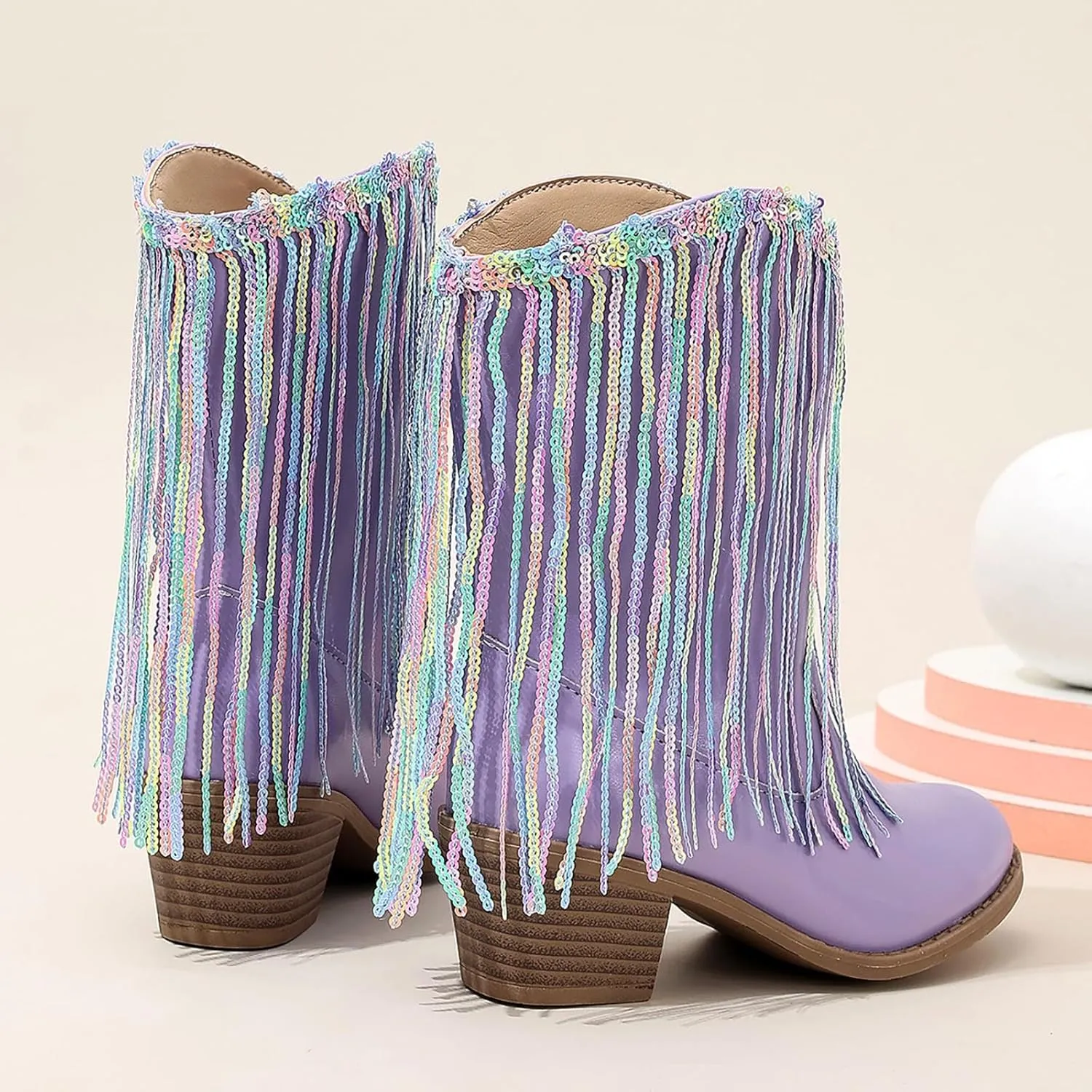 Cowgirl Boots for Girls Western Cowboy Boots Mid Calf Riding Shoes Glitter Fringe Mid Calf Boots with Block Low Heels