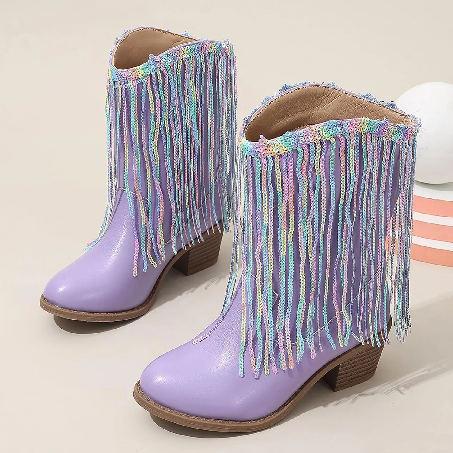 Cowgirl Boots for Girls Western Cowboy Boots Mid Calf Riding Shoes Glitter Fringe Mid Calf Boots with Block Low Heels