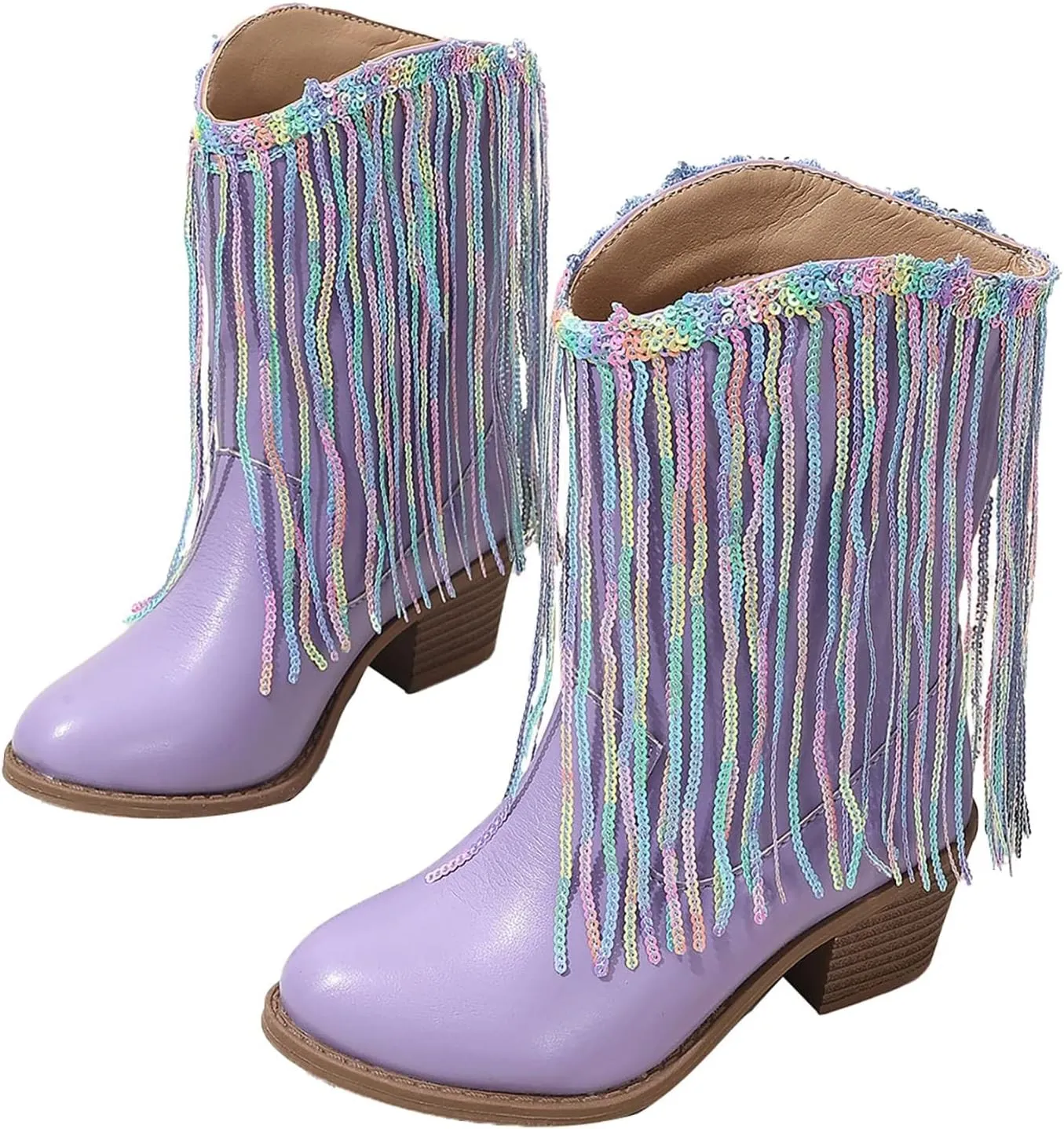 Cowgirl Boots for Girls Western Cowboy Boots Mid Calf Riding Shoes Glitter Fringe Mid Calf Boots with Block Low Heels