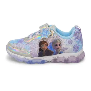 Disney Frozen Girl's Lighted Athletic Sneaker Elsa and Anna Light Up Shoes Children W/Adjustable Strap Silver/Blue