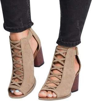 Eduavar Sandals for Women Dressy, Orthopedic Sandals for Women Leather Peep Toe Cutout Zipper Chunky Heeled Sandals