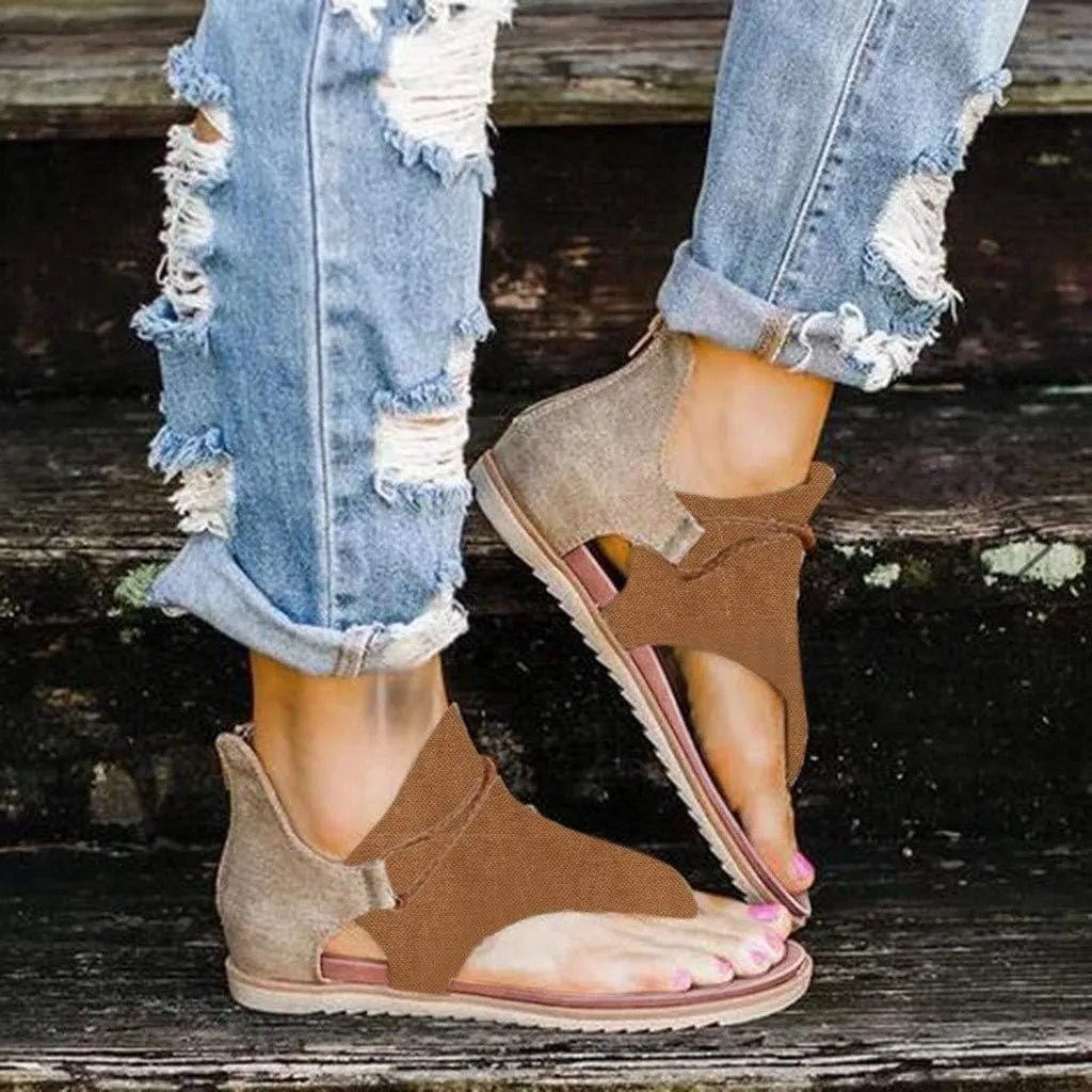 Eduavar Sandals for Women Dressy Summer, Gladiator Sandals for Women Flat Open Toe Flip Flops Suede Sandals Zip Up Sandals