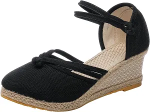 Eduavar Sandals for Women Summer Espadrilles Wedge Sandals with Arch Support Closed Toe Platform Elastic Ankle Strap Shoes