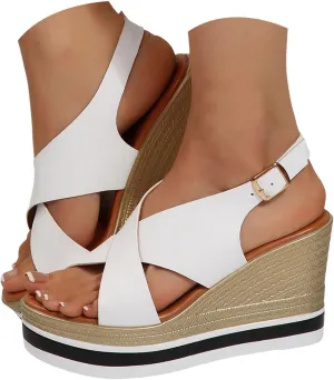 Eduavar Womens Sandals Casual Open Toe Comfortable Dressy Platform Sandals Slip on Elastic Ankle Strap Summer Wedges Shoes