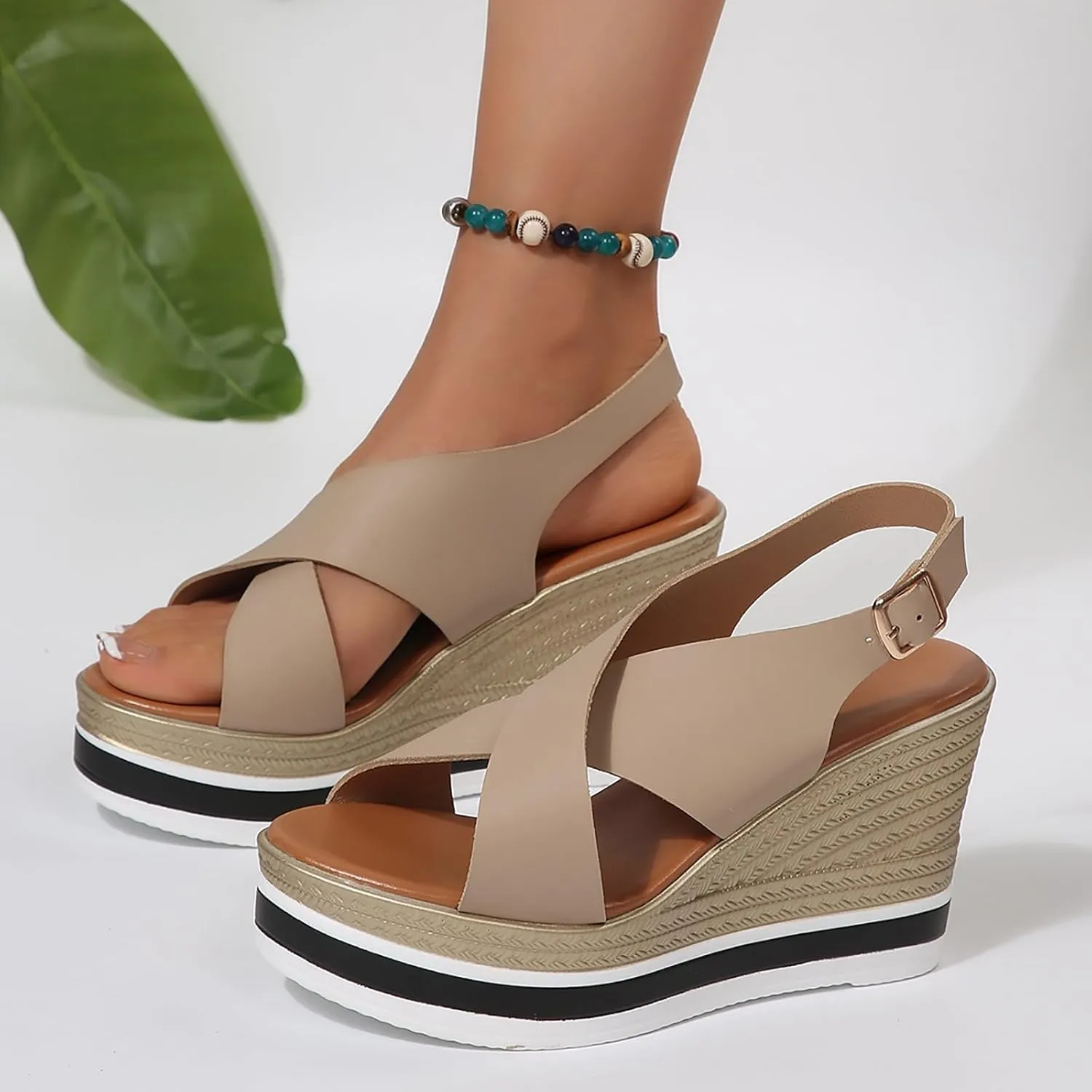 Eduavar Womens Sandals Casual Open Toe Comfortable Dressy Platform Sandals Slip on Elastic Ankle Strap Summer Wedges Shoes