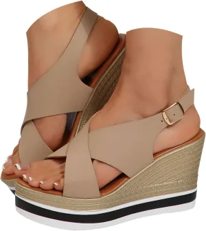 Eduavar Womens Sandals Casual Open Toe Comfortable Dressy Platform Sandals Slip on Elastic Ankle Strap Summer Wedges Shoes