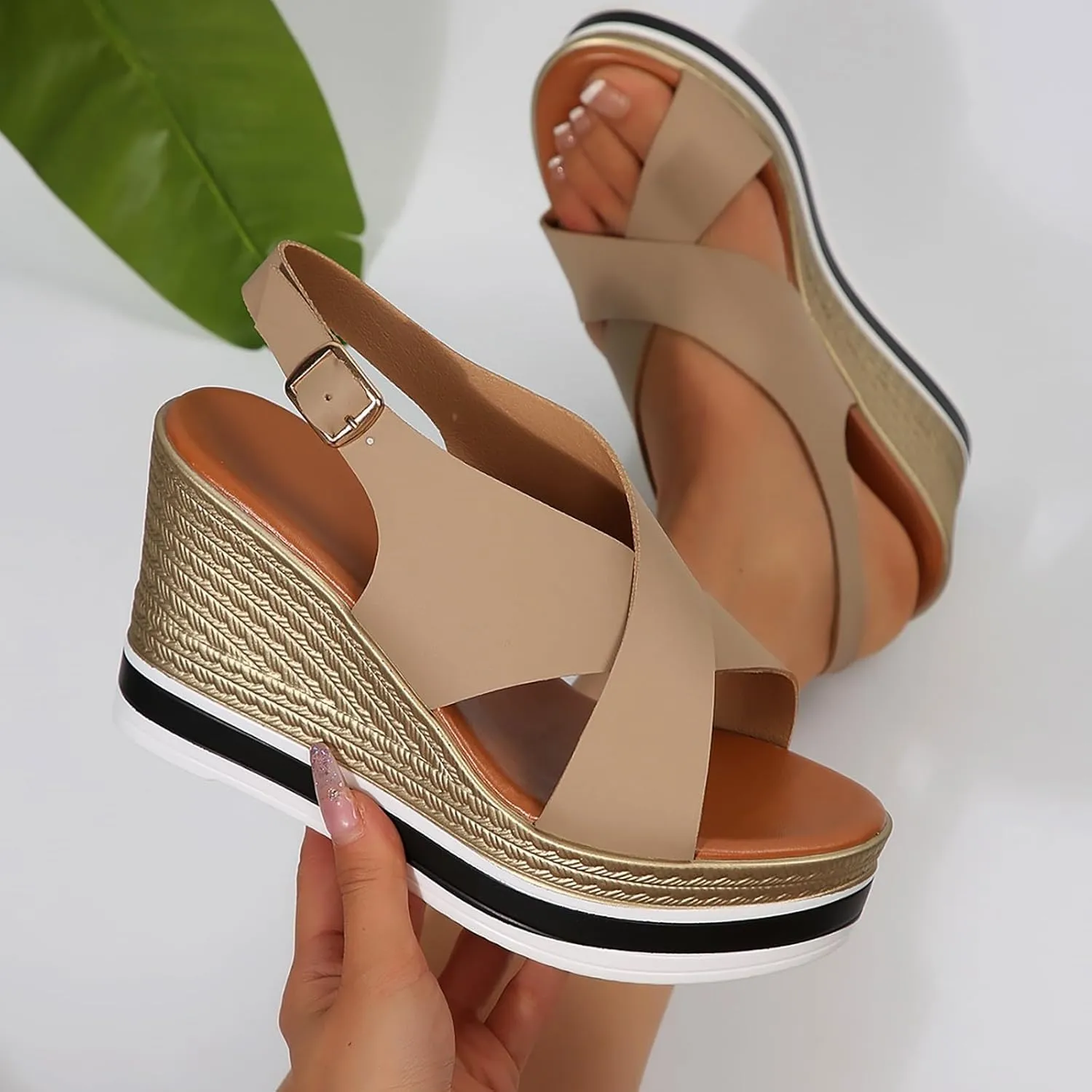 Eduavar Womens Sandals Casual Open Toe Comfortable Dressy Platform Sandals Slip on Elastic Ankle Strap Summer Wedges Shoes