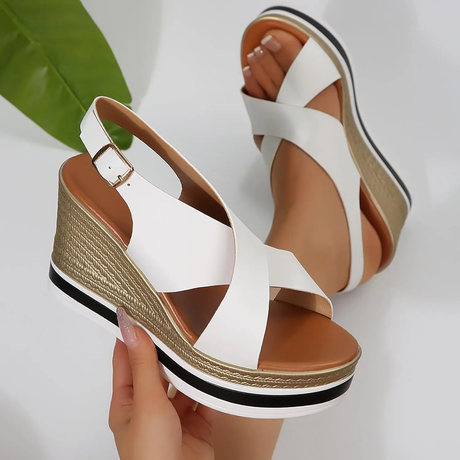 Eduavar Womens Sandals Casual Open Toe Comfortable Dressy Platform Sandals Slip on Elastic Ankle Strap Summer Wedges Shoes
