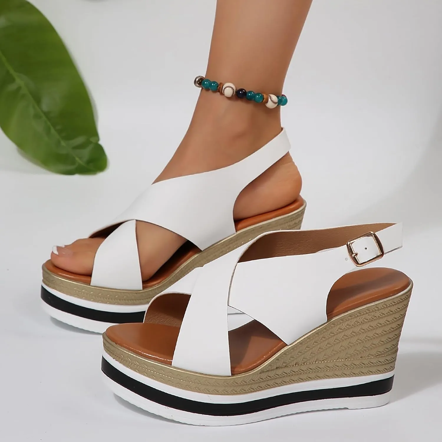 Eduavar Womens Sandals Casual Open Toe Comfortable Dressy Platform Sandals Slip on Elastic Ankle Strap Summer Wedges Shoes