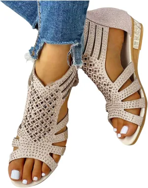 Eduavar Womens Wedge Sandals, Orthopedic Sandals for Women Low Wedge Sandals Cutout Zip Up Crystal Sandals Shoes